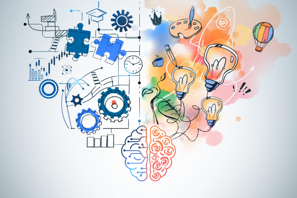 Brain drawing with creative and analytical thinking icons on blue background. Different types of mind, gears, puzzle and graphs. Colours and art. Concept of human brain and new ideas